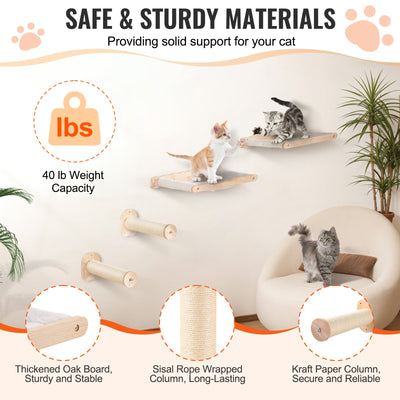 Wall Mounted Cat Shelves, Cat Wall Shelves And Perches With Jumping Posts & Hammocks, Cat Furniture Set Up To 40 Lbs, Removable & Washable Coral Fleece For Sleeping, Playing, Climbing, Set Of 4 - 5 - CJ