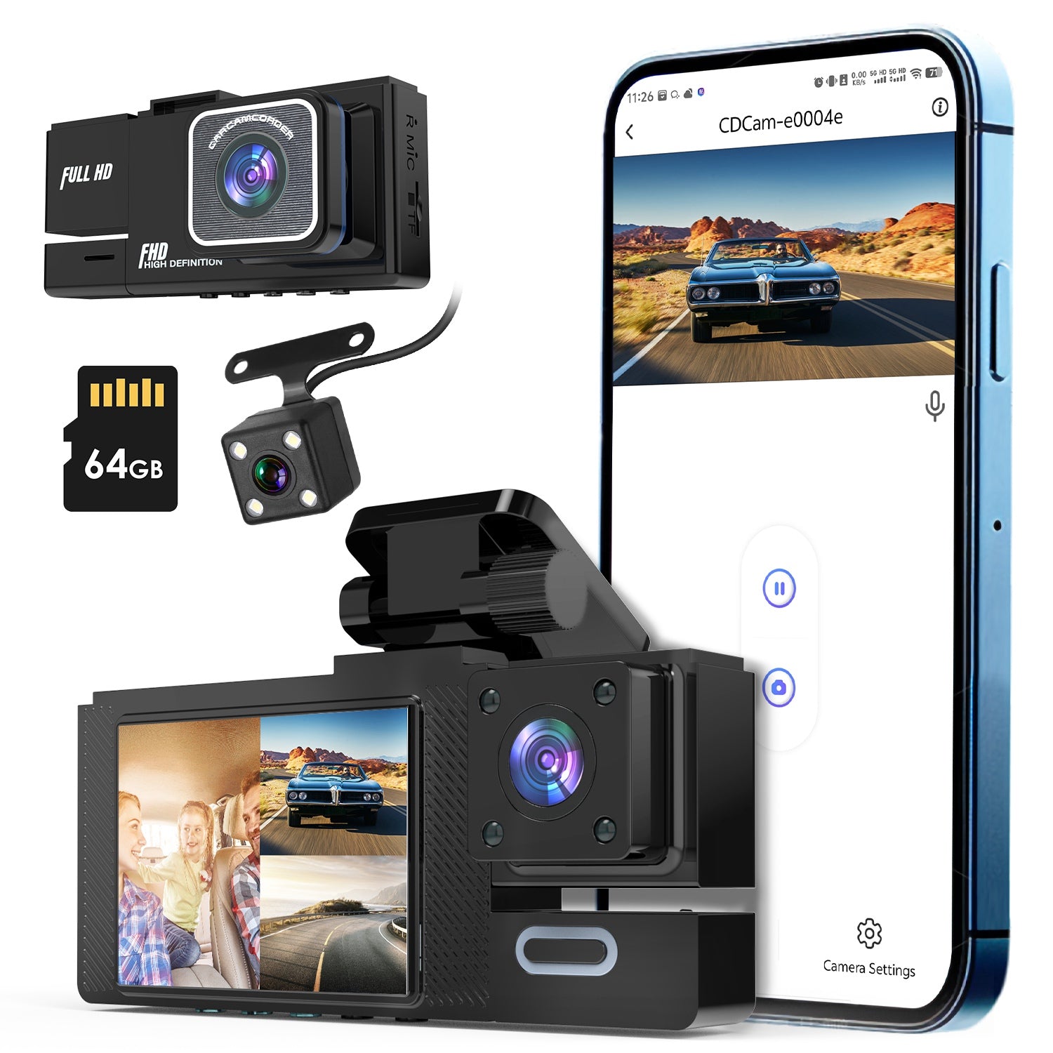 1Pc WiFi FHD 1080P Car Dash Cam 3 Channels Front Rear Inside Dash Camera With Loop Recording Reversing Image Night Vision 170 Degree Wide Angle Support 64G MMC Card Included - 5.0 - CJ