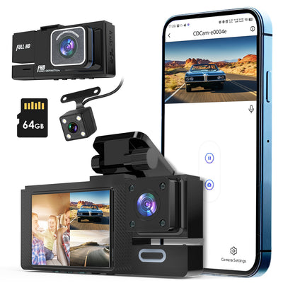 1Pc WiFi FHD 1080P Car Dash Cam 3 Channels Front Rear Inside Dash Camera With Loop Recording Reversing Image Night Vision 170 Degree Wide Angle Support 64G MMC Card Included - 5.0 - CJ
