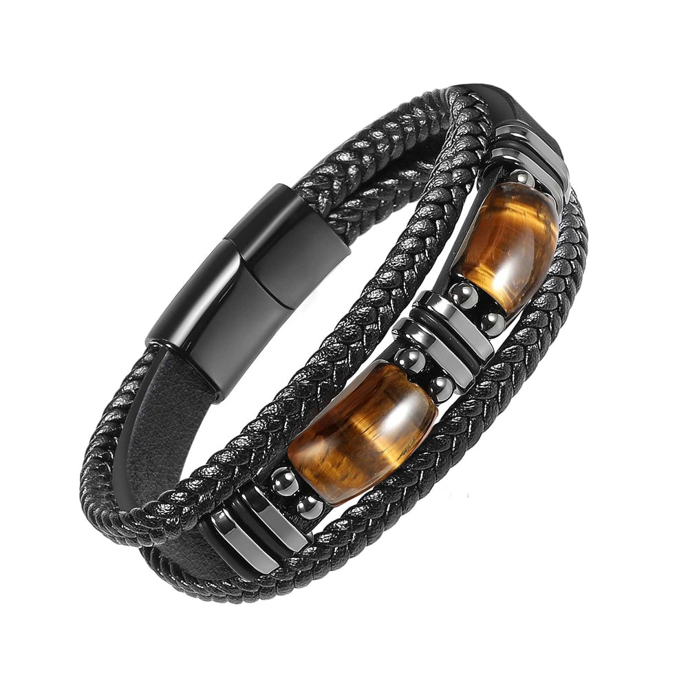 Natural Tiger Eye Stone Bracelet Healing Tiger Eye Quartz Leather Braided Gift - 5 - CJ