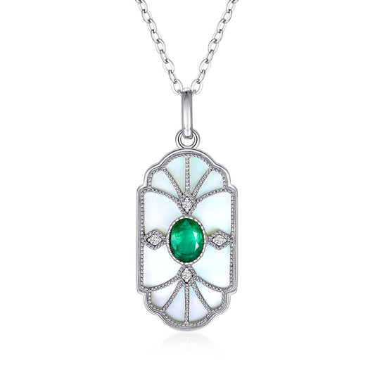 Natural Emerald Necklace Female Original Retro Design Jewelry S925 Silver Inlaid Mother Shell Pendant Square Shaped Pendant - 4 - CJ
