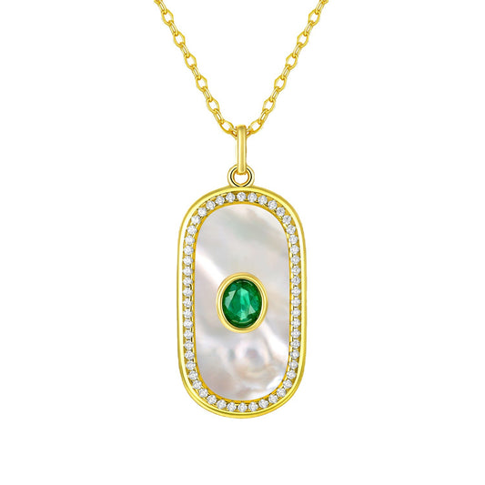 Natural Emerald Pendant S925 Silver Inlaid Fritillaria Necklace Personality Geometric Round Card Shaped Pendant - 4 - CJ
