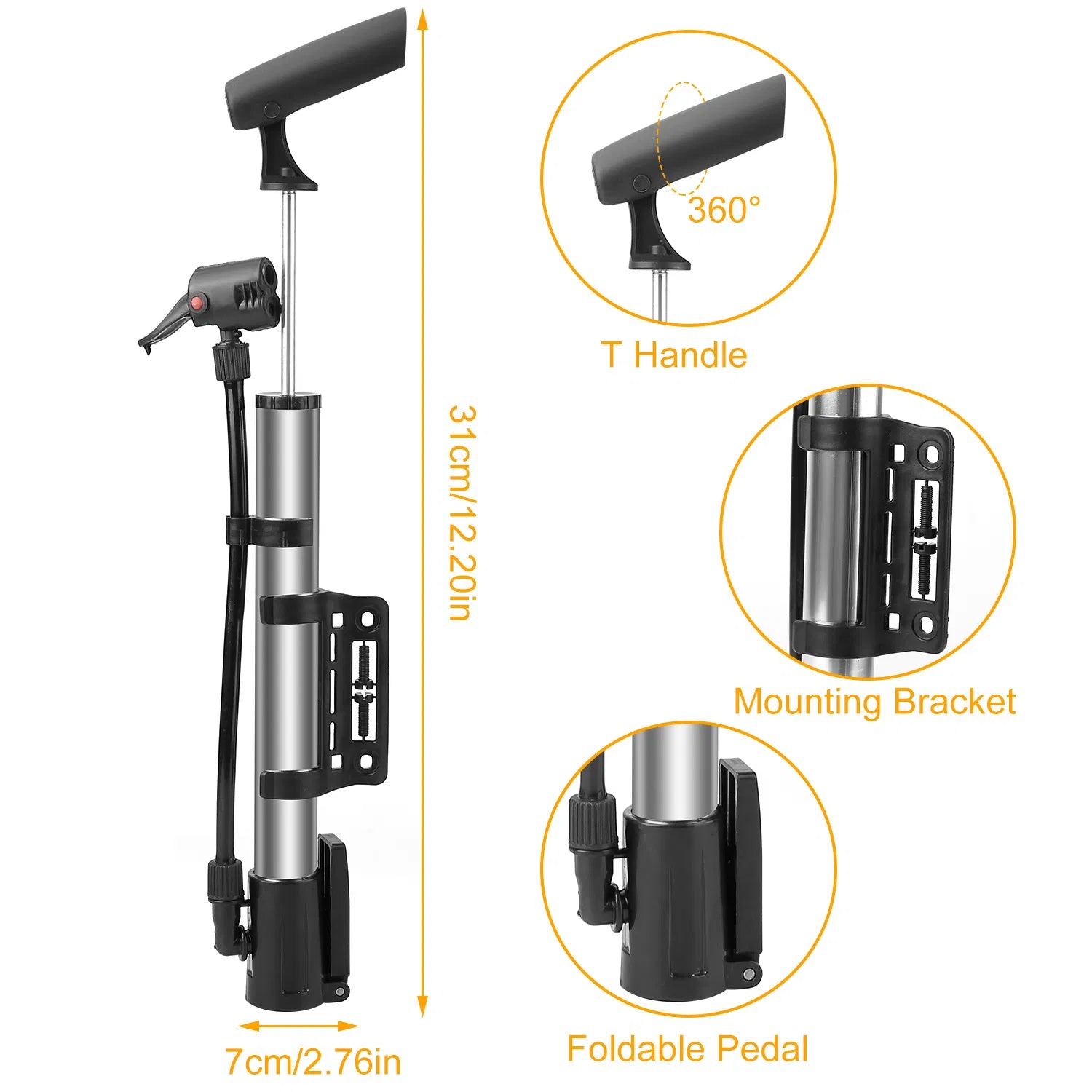Mini Bike Portable Bicycle Tire Inflator Ball Air W Mount Frame For Mountain Road Bike - 5 - CJ