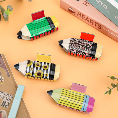 4Pcs Pencil Hair Clips Back To School Hair Accessories For Women Sunflower Leopard Stripe Hair Claw Clips Non Slip Hairpin For Thick Thin Hair School Opens Season Teachers Outfit Decor - Clearance - 5 - CJ
