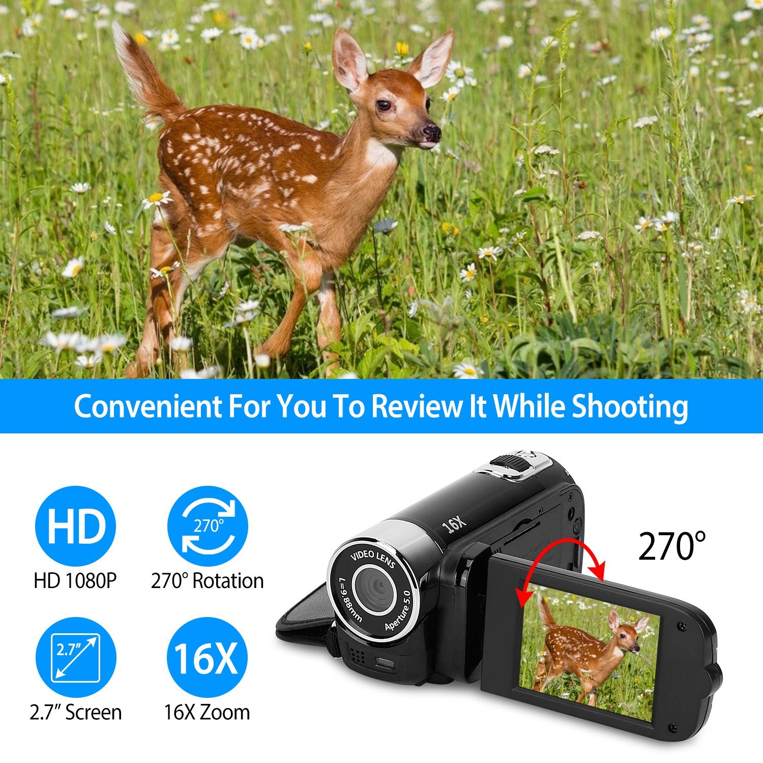Black - Red Options - 1Pc HD 1080P Digital Video Camcorder 2.7in 16X Zoom DV Camera 270 Degree Rotation Rechargeable Kid Camera With Fill Light Selfie - 5 - CJ
