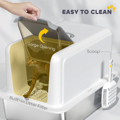 2 in 1 Stainless Steel Cat Litter Box with Removable Lid, Scoop, Filter Bags, for Small to Large Cats, White - 5 - CJ