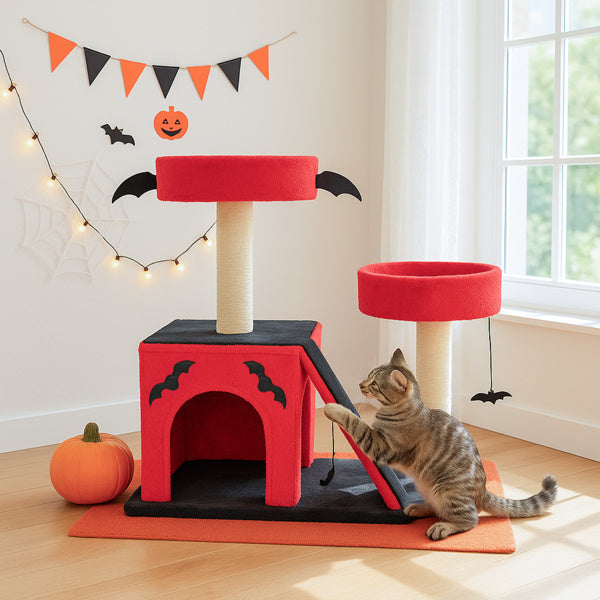 Halloween Cat Climbing Frame Gothic Cat Tree, Cat Tower With Spacious Cat Condo, 2 Padded Perches, Spider Toy, Scratching Posts, Scratching Ladder For Large Cats, Red & Black