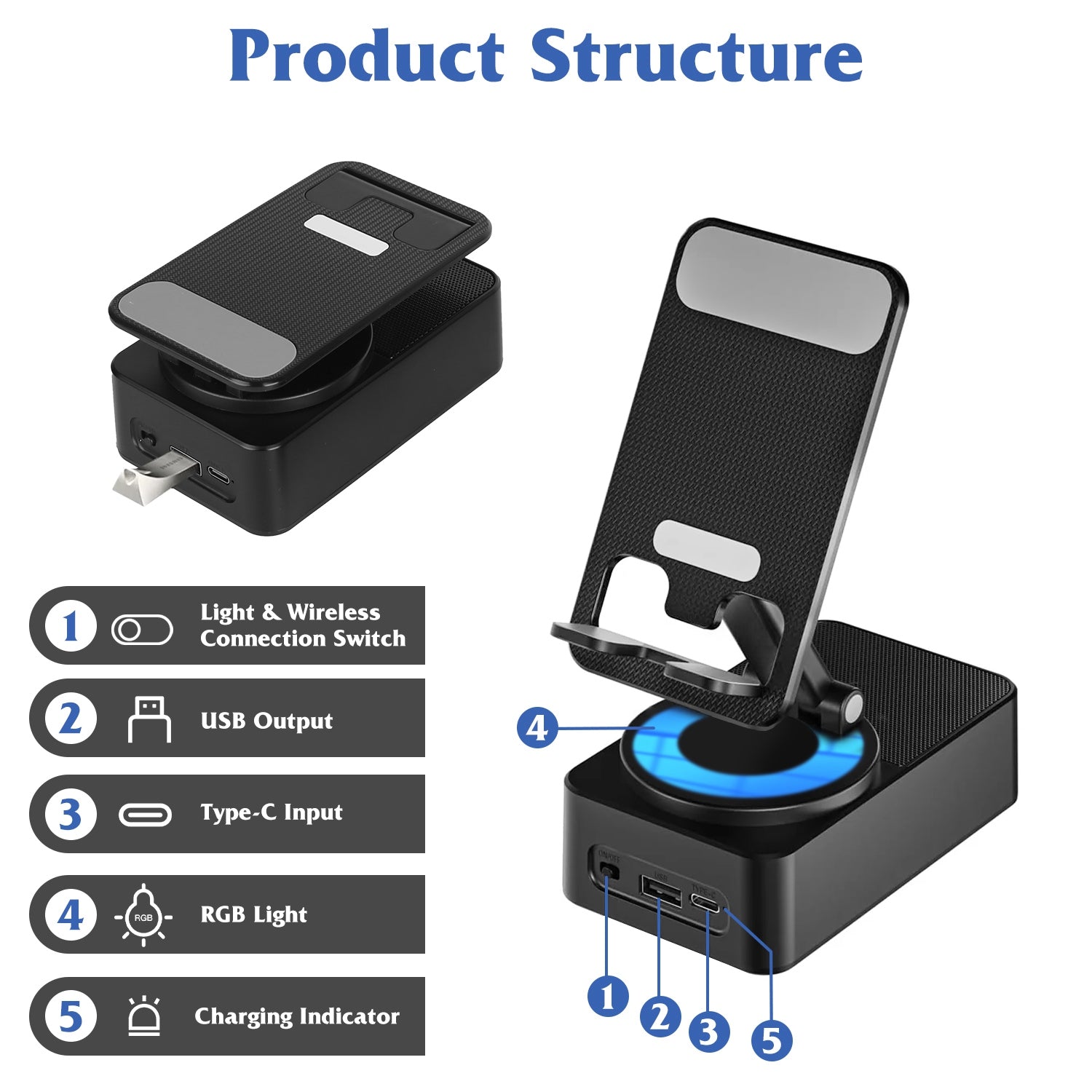 1Pc 4 In 1 Foldable Wireless Speaker Phone Stand With Power Bank 360Degree Rotatable Stand Wireless Speaker 5000mAh Battery RGB Light For Phones IPads - 5 - CJ