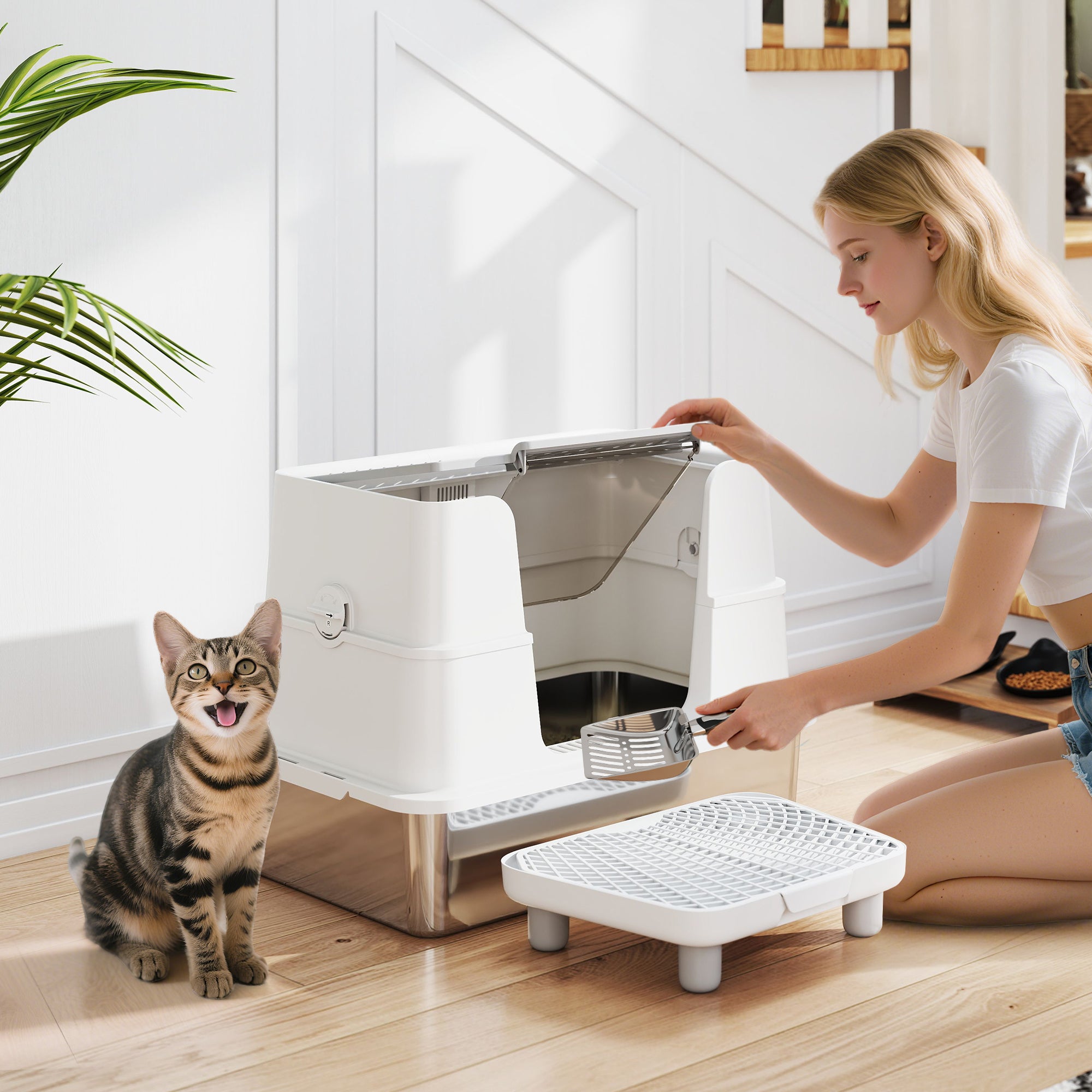 XL Stainless Steel Litter Box W  Flip Top, Scoop, Step, Top & Side Entry Enclosed Litter Box For Big Cats - 5 - CJ