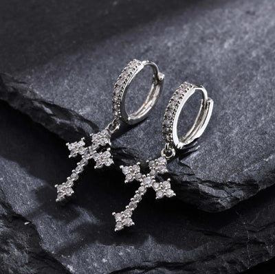 1 Pair Men's Sparkling Zircon Cross Dangle Huggie Hoops,Everyday Versatile Earrings - 5 - CJ