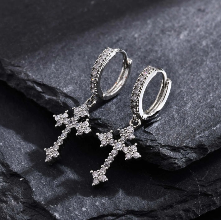 1 Pair Men's Sparkling Zircon Cross Dangle Huggie Hoops,Everyday Versatile Earrings - 5 - CJ