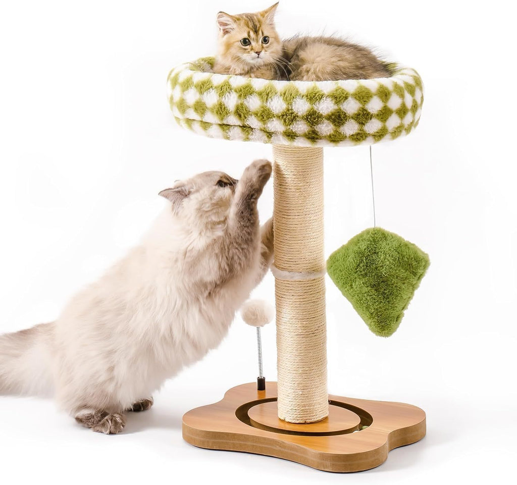 Mewoo Cat Scratching Post & Bed - 2-in-1 Small Cat Tower With Sisal Scratcher And Ball Track Toys Green, Medium