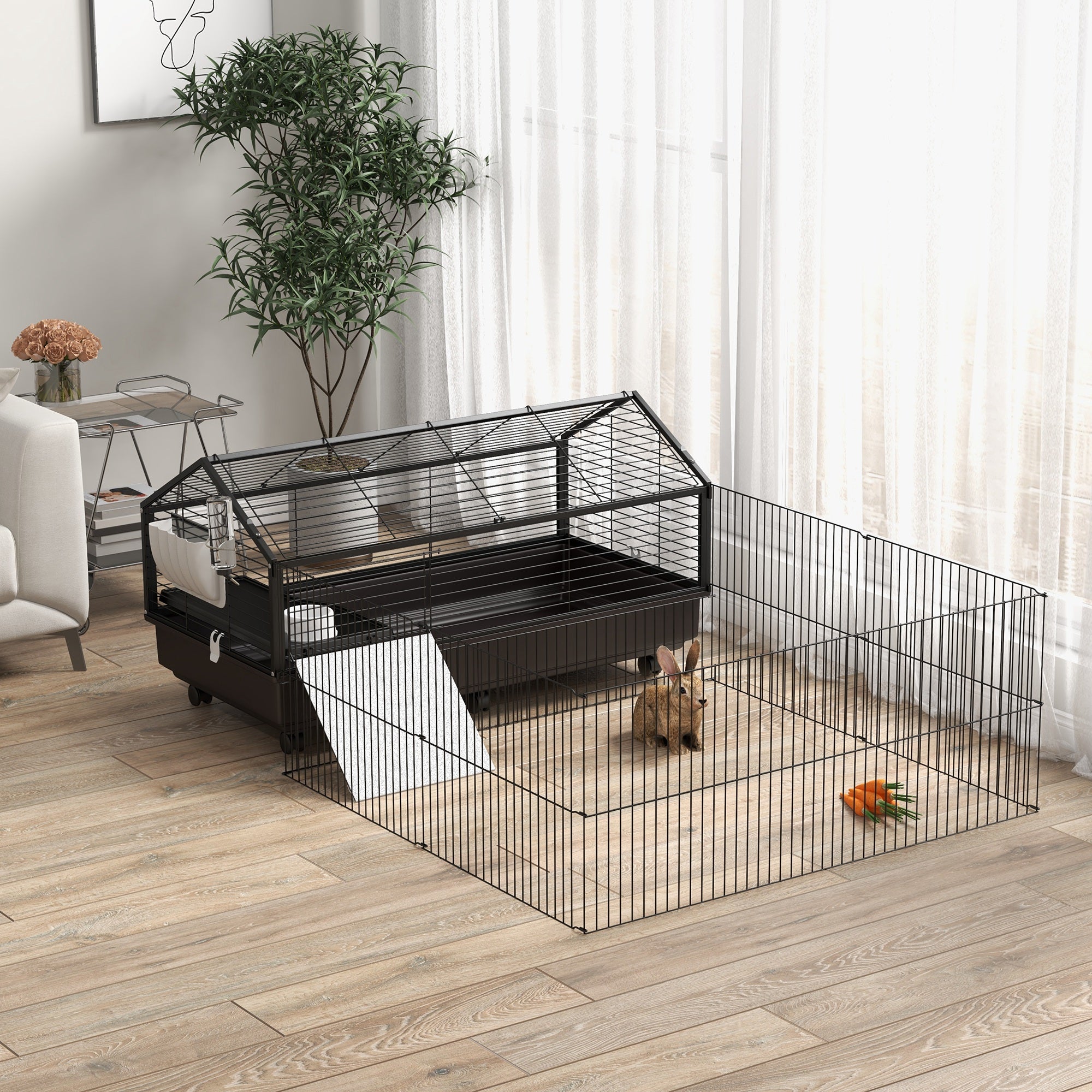 Small Animal Playpen Cage with Rolling Caster, Water Bottle 46.5" - 5 - CJ