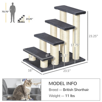 PawHut Cat Tree With 4 Steps For High Beds Couch, Cute Stair Shaped Cat Tree For Indoor Cats Or Dogs W Sisal Scratching Post, Climbing, Playing, Gray - 5 - CJ