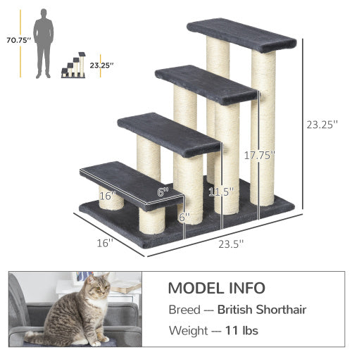 PawHut Cat Tree With 4 Steps For High Beds Couch, Cute Stair Shaped Cat Tree For Indoor Cats Or Dogs W Sisal Scratching Post, Climbing, Playing, Gray - 5 - CJ