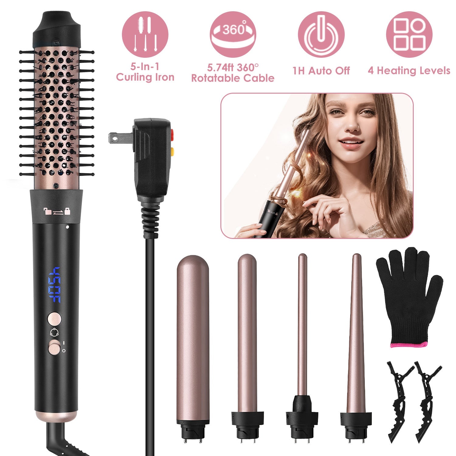2 Type Options - 1Pc 5 In 1 Curling Wand Hair Curling Iron Brush Anti - Tangle Hair Thermal Brush Curler With 4 Heating Levels 360 Degree Rotatable Cable 5 Interchangeable Barrels 2 Clips 1H Auto Off - 5 - cjdropshipping