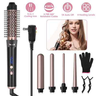 2 Type Options - 1Pc 5 In 1 Curling Wand Hair Curling Iron Brush Anti - Tangle Hair Thermal Brush Curler With 4 Heating Levels 360 Degree Rotatable Cable 5 Interchangeable Barrels 2 Clips 1H Auto Off - 5 - cjdropshipping