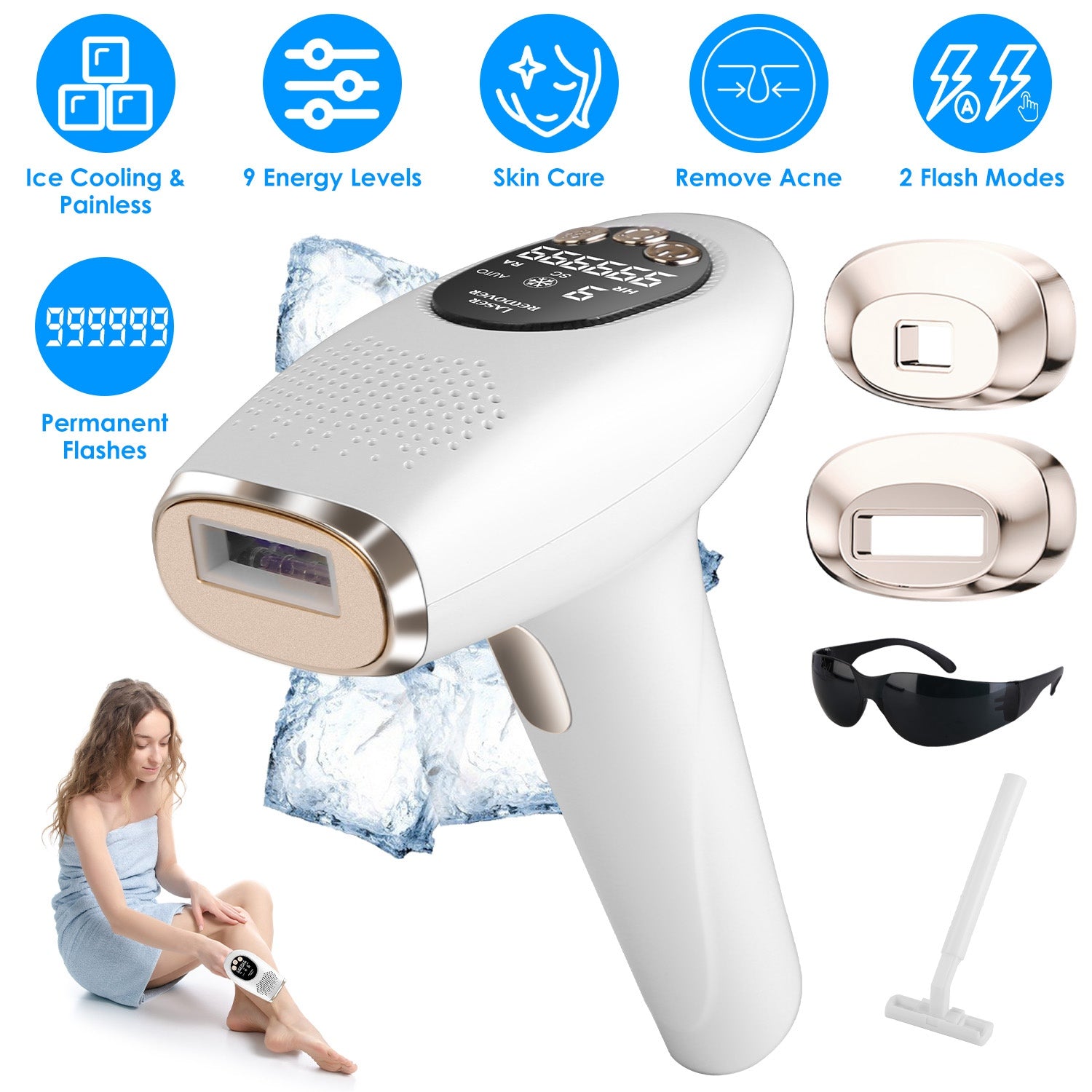 3 In 1 Ice Cooling Laser Hair Removal Painless Permanent At - Home IPL Hair Removal With 999,999 Flashes 9 Energy Levels 2 Modes For Armpits Legs Arms Bikini Line - 5 - CJ