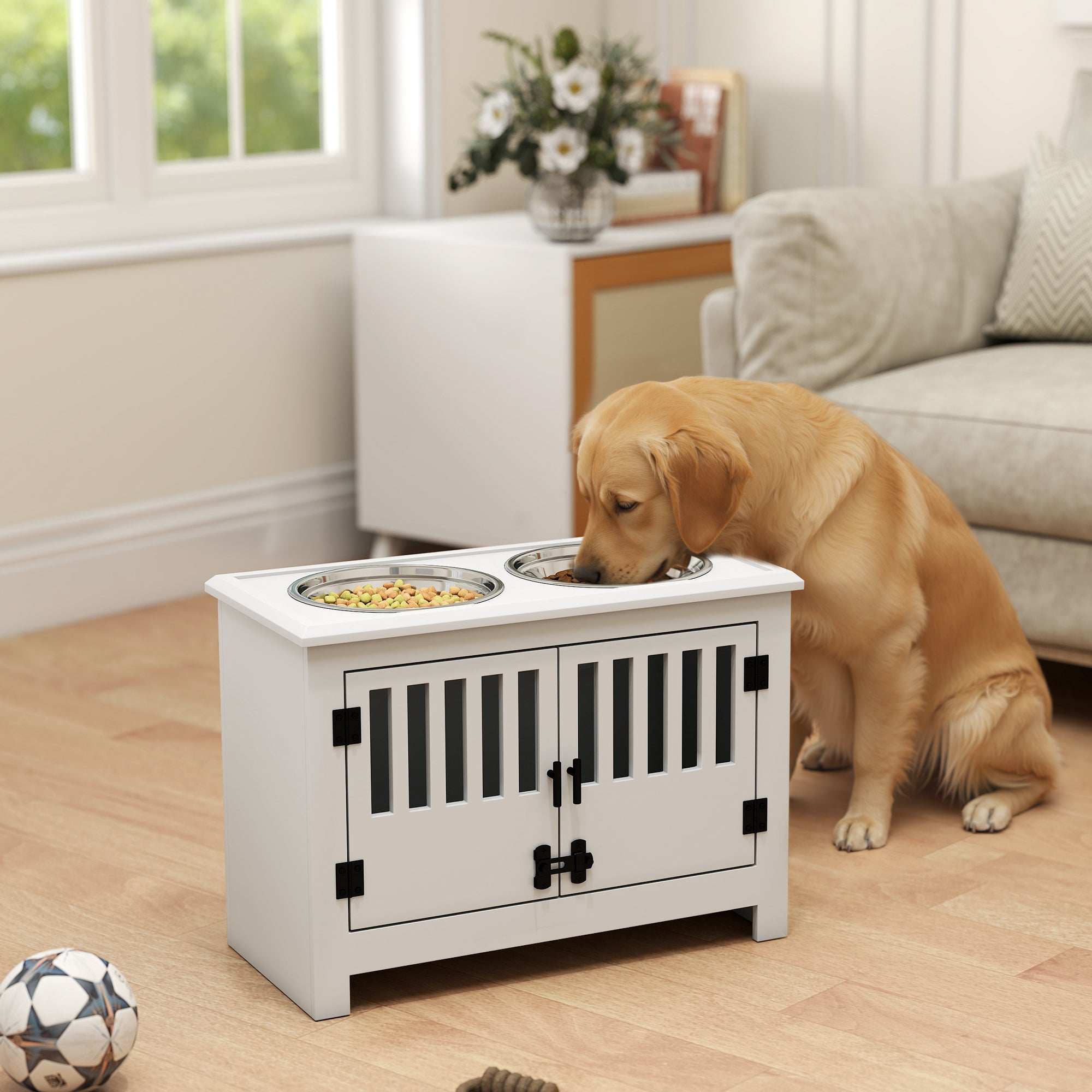 Dog Food Storage Cabinet with Bowls & Dog Feeding Station, White