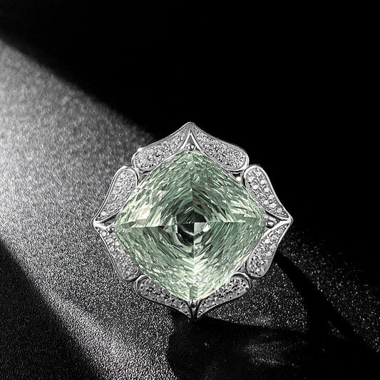 Ins Wind Luxury Crystal Ring Femininity Silver Set With Large Natural Green Crystal - 4 - CJ