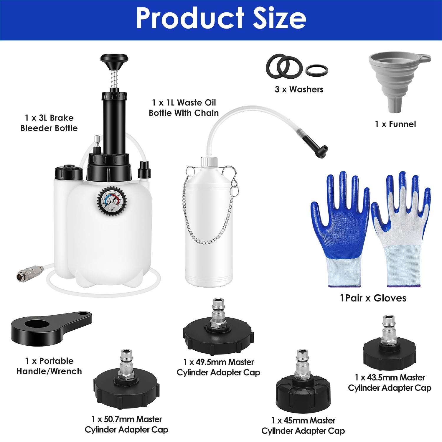 1 Set 3L Manual Brake Bleeder Kit One Person Brake Bleed Vacuum Pump Automotive Brake Fluid Bleeding Kit With 1L Waste Oil Bottle 4 Master Cylinder Adapters Gloves Funnel Fit For Most Vehicles - 5 - CJ