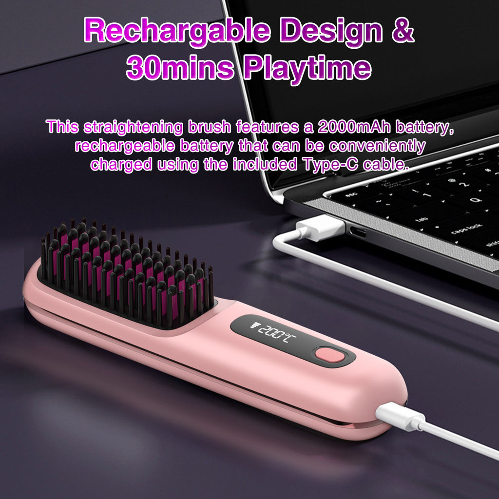 S7 Portable Cordless Hair Straightening Brush With LED Display - Lightweight Mini Negative Ion Hot Brush, USB Rechargeable Women's Travel Essentials Gift, Scald Protection
