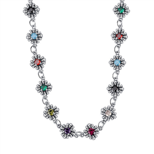 S925 Sterling Silver Gram Colorful Zircon Small Flowers Universal Sweater Chain Necklace - 4 - CJ