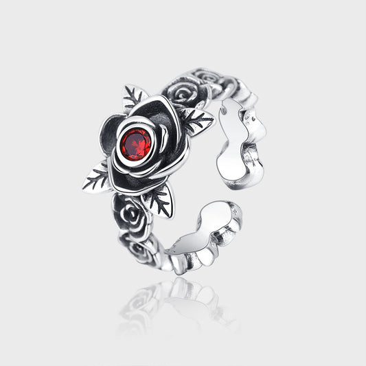 S925 Sterling Silver Red Zirconium Rose Thorn Chain Ring - 4 - https://x.com/titan_prim62775J