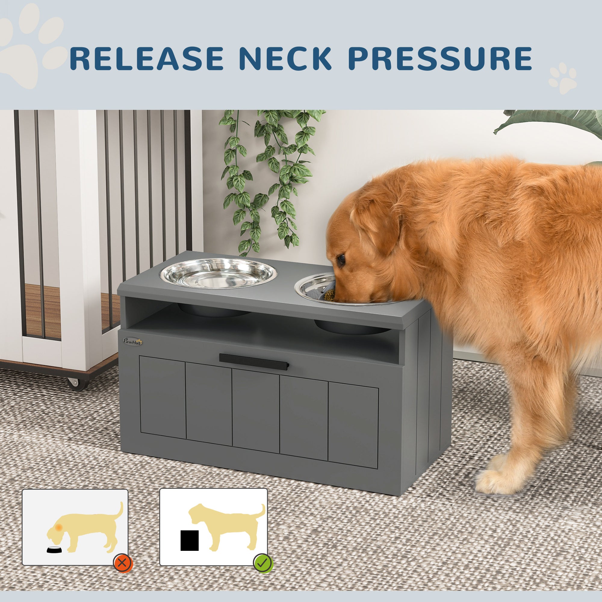 Elevated Dog Bowls, Large Breed Raised Dogs Bowl Stand with 2 Stainless Steel Bowls, Storage Drawer and Slow Feeder Mat - 5 - CJ