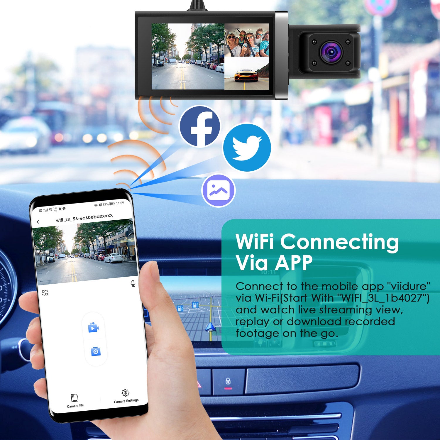 2K Car DVR 3 Channel Dash Cam Camcorder Camera Recorder With 140 Degree Angle GPS WiFi Night Vision G-sensor Loop Recording Parking Monitor