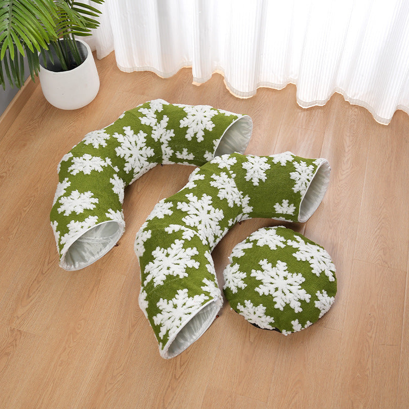 Christmas - style Pet Tunnel Bed, Green Snowflakes - 0 - CJ