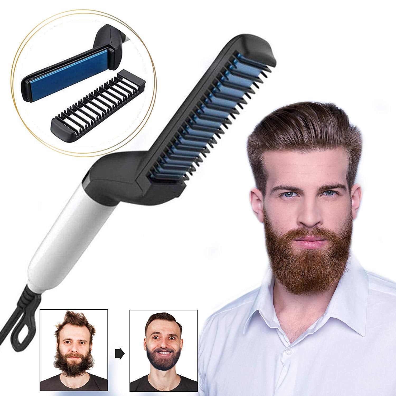 Electric Hair Straightener Brush,Men Quick Beard Straightener Styler Comb,Hair Straightening,Curly Hair Straightening Comb,Side Hair Detangling,Multifunctional Hair Curling Curler - 5 - CJ - Default - CJBJMRJF00243 - default