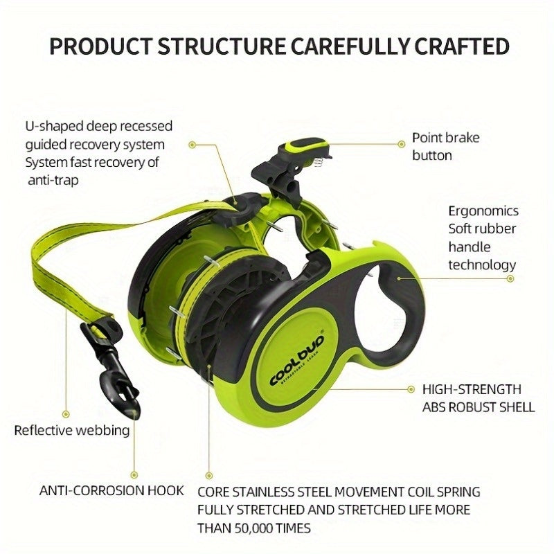 Heavy-Duty Retractable Dog Leash For Large Dogs Up To 49.9 KG - 4.88meter High-Reflective Nylon, Anti-Slip Handle, One-Button , Green And Black