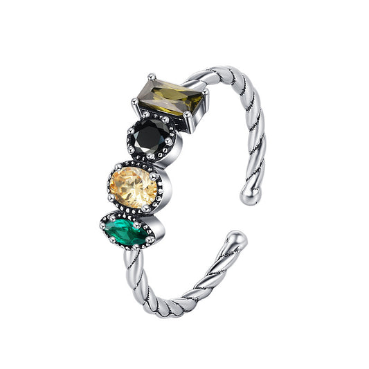 S925 Sterling Silver Olive Green Square Zircon Twisted Rope Chain Irregular Inlaid Index Ring - 4 - CJ