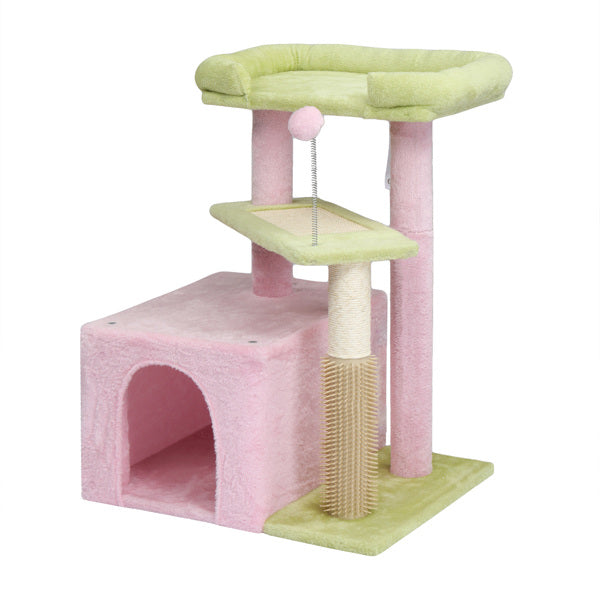 27.5in Cat Tree, Multi - level Cat Tower With Cat Scratching Post And Pad, Cozy Cat Condo, Padded Top Bed For Kittens And Indoor Cats, Pink & Green - 5 - CJ