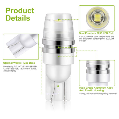 10PCS T10 LED Bulbs 194 LED Lights 12V 1W 5730 Xenon White Wedge Base LED Replacement Bulbs For License Plate Parking Position Interior Lights - 5 - CJ