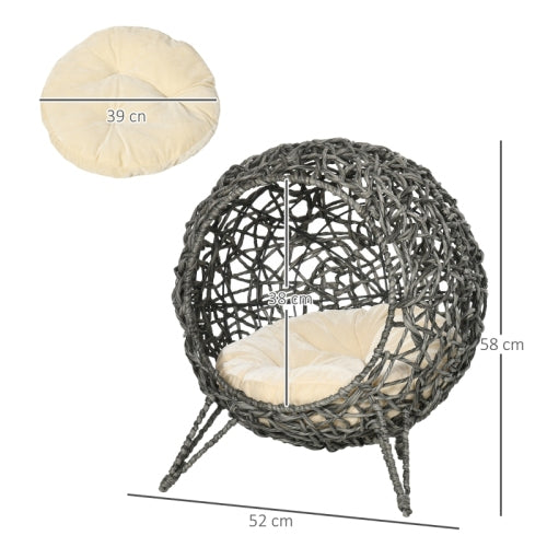 PawHut Rattan Elevated Cat Bed House Kitten Basket Ball Shaped Pet Furniture W Removable Cushion - Silver - Tone And Grey - 5 - cjdroshippping