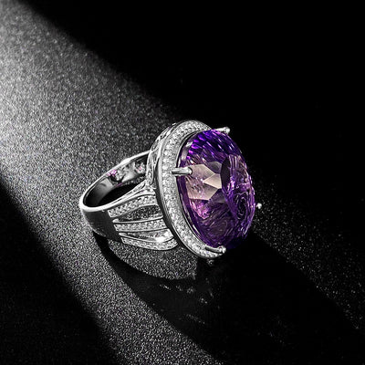 Light And Extravagant Wind Jewelry Large Denier Shaped Natural Amethyst Ring S925 Silver Set Crystal - 4 - CJ