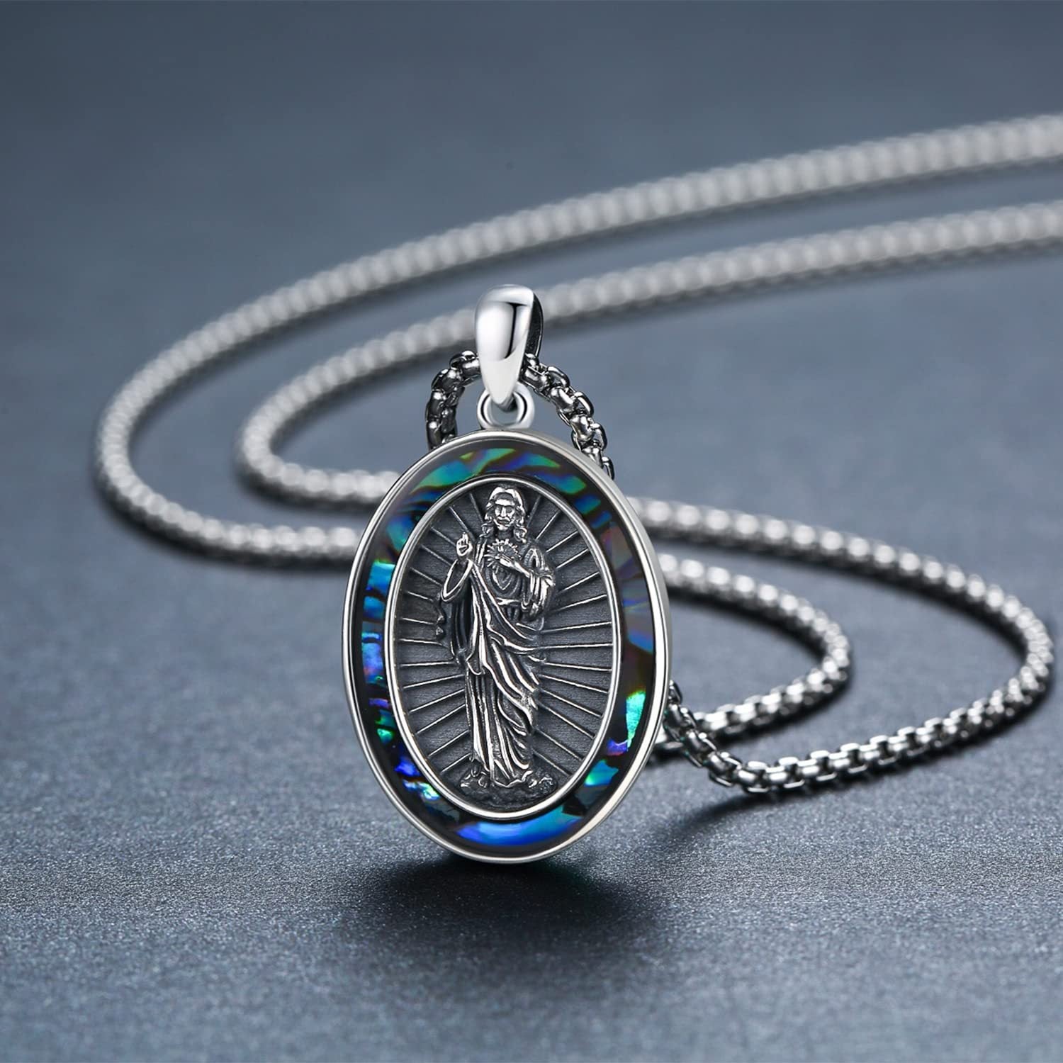 St Jude Necklace Sterling Silver Oval Medal San Judas Tadeo Pendant Necklace Medallion Protection Necklace Catholic Jewelry Gift for Men - 5 - cjdropshipping