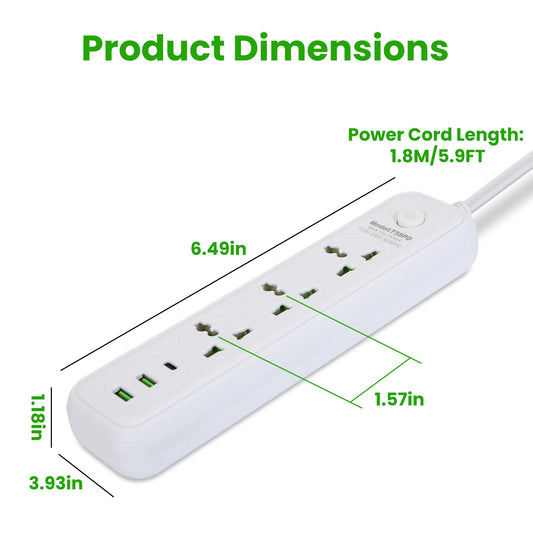 1Pc Power Strip With 6FT Extension Cord 3 AC Outlets And 2 USB A Ports 1 USB C Port 2500W Wall Mount Outlet Extender For Home Office Dorm Travel - 5 - CJ