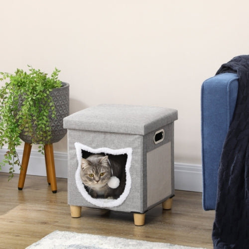 PawHut Cat House Cave, Cat Bed Cube With Scratching Pad, Soft Detachable & Washable Cushion, Toy Ball, For Indoor Kittens, Grey - 5 - CJ
