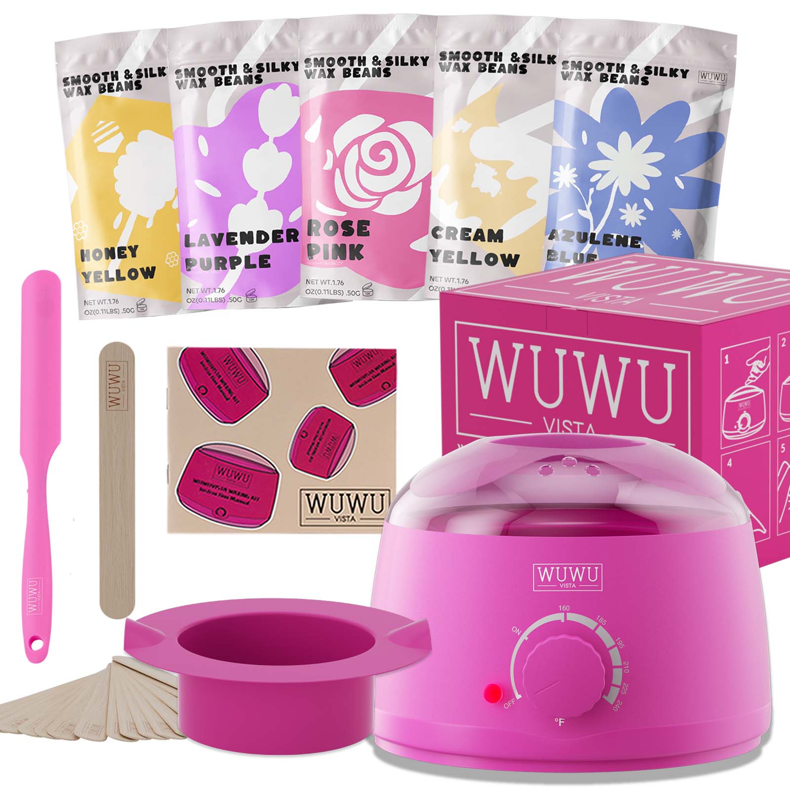 Waxing Kit 19 Items, WUWUVISTA Hair Removal Wax Kit With Wax Melt Warmer Waxing Beads For Face, Brazilian, Full Body, Bikini Suitable For Plugs Of American & European Specifications - 5.0 - CJ