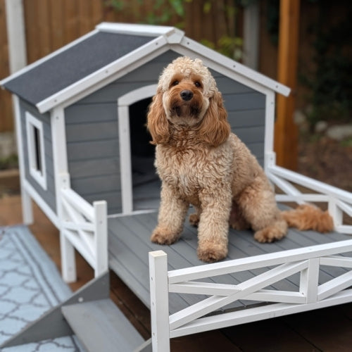 PawHut Small Medium Dog House With Porch, Grey - 5 - CJ