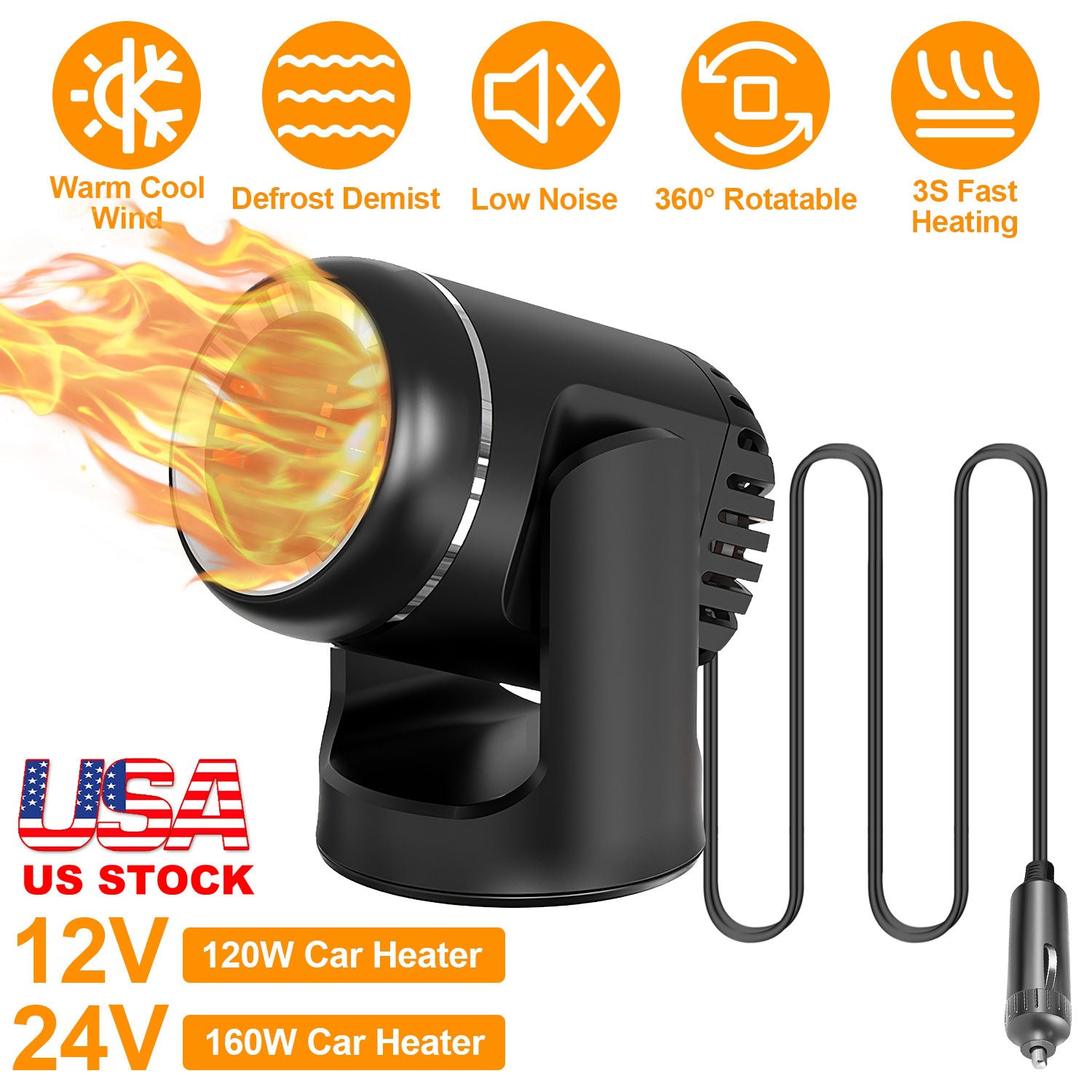 24V 160W Or 12V 120W Portable Car Heater 2 In 1 Heating Cooling Fan Rotatable Demister Defroster With 4.92ft Cord - 5.0 - CJ