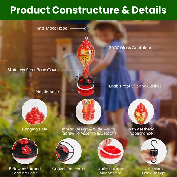 Glass Hummingbird Feeder 33OZ Hand Blown Hummingbird Feeder With 5 Flower Feeding Port Perch Ant Moat Hanging Hook S Hook Hemp Rope Cleaning Brush For Garden Backyard Decor - 5 - CJ