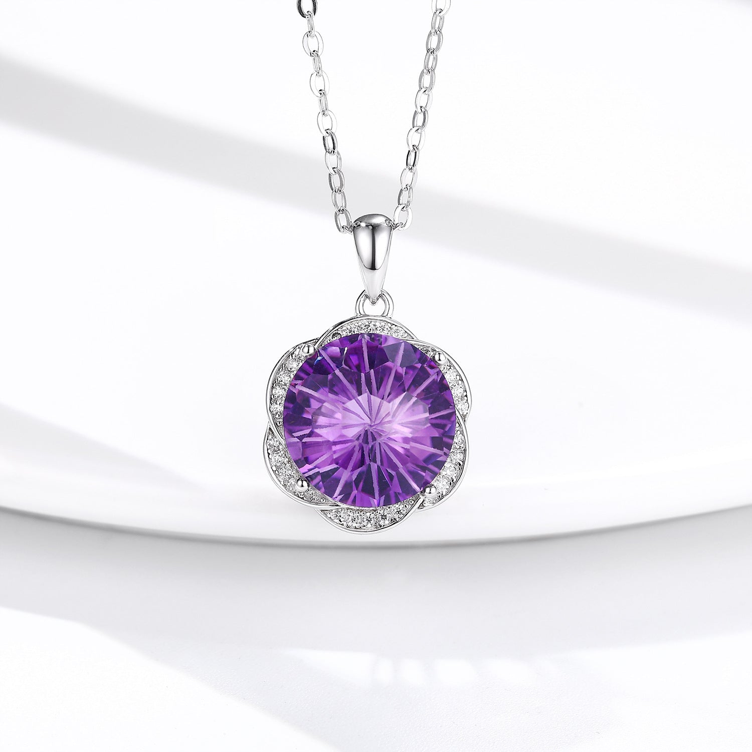 S925 Silver Set Natural Amethyst Necklace European And American Luxury Flower Design Pendant - 4 - CJ