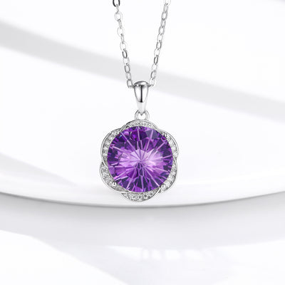 S925 Silver Set Natural Amethyst Necklace European And American Luxury Flower Design Pendant - 4 - CJ