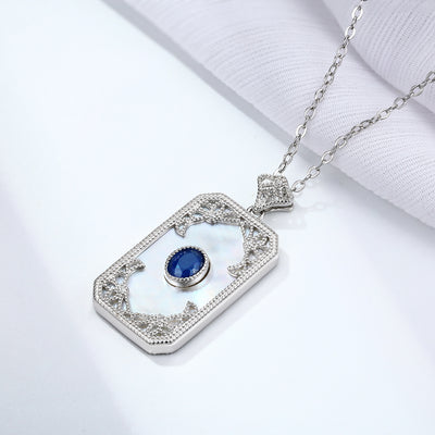 S925 Silver Inlaid Sapphire Necklace With Vintage Pattern Pendant Designed By A Natural Female Belle Pendant - 4 - CJ