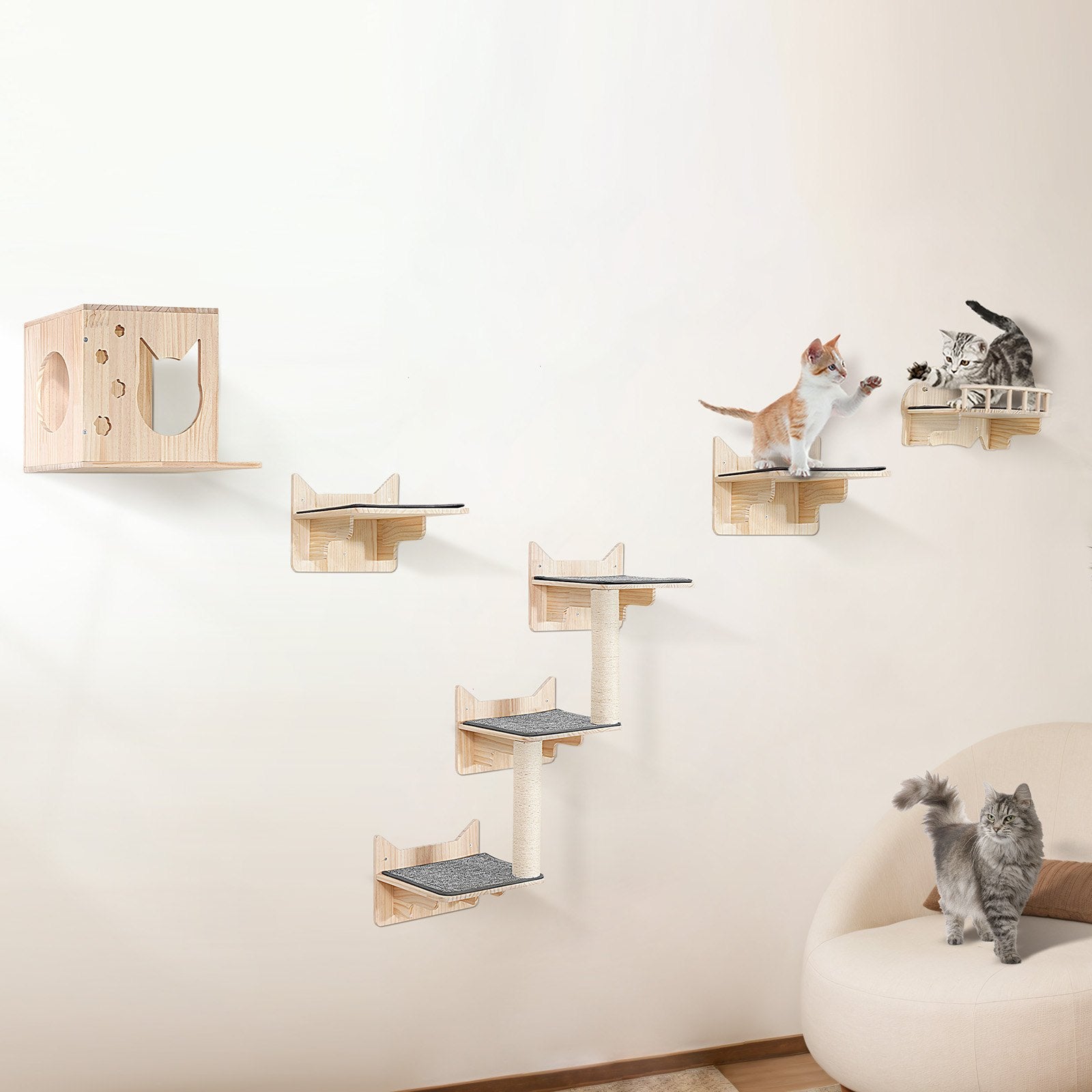 Wall Mounted Cat Shelves Tree With Jumping Boards Nest Furniture Set Of 5 - 5 - CJ