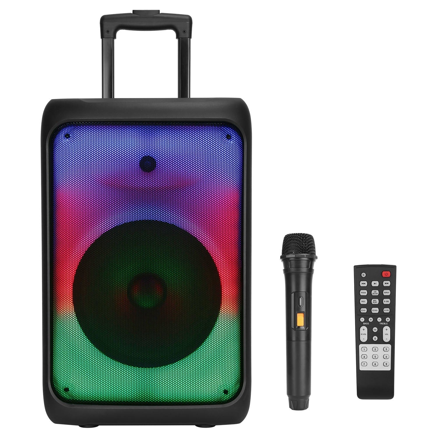 1Pc Portable Wireless Party Speaker Party Speaker With With 5 Colorful Lighting Modes TWS FM USB MMC Slot Aux In Recording Mic Priority Trolley Handle 2 Wheels Remote Control